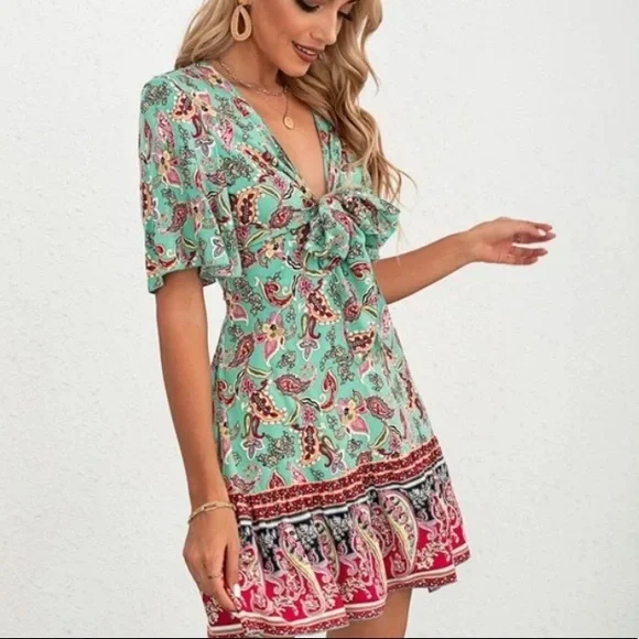 Boho navy Floral Paisley Print Butterfly Sleeve Mini Dress - Picture 4 of 12